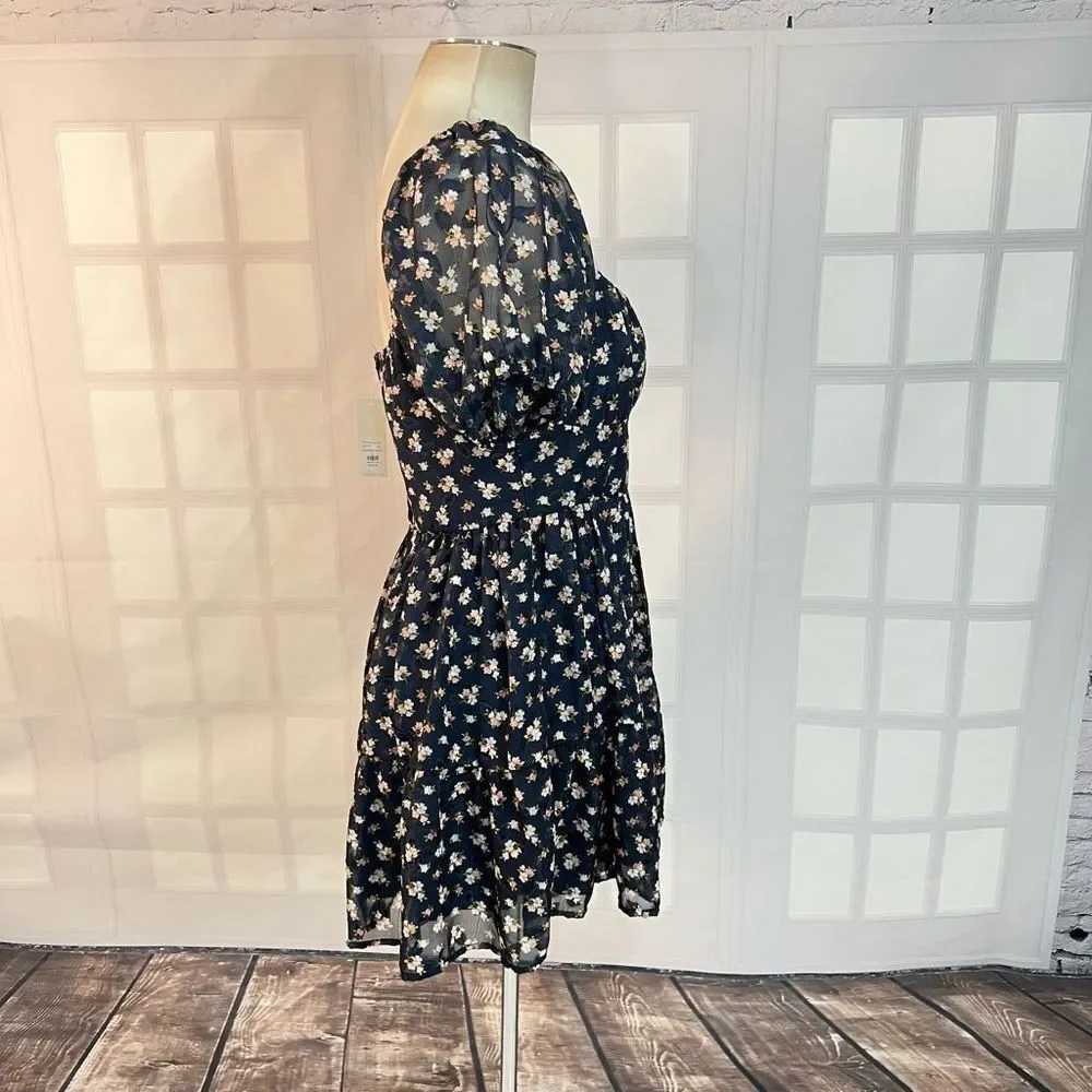 Trixxi Francesca's Willa Floral Puff Sleeve Mini Dress Navy Blue Large NWT - Picture 4 of 11